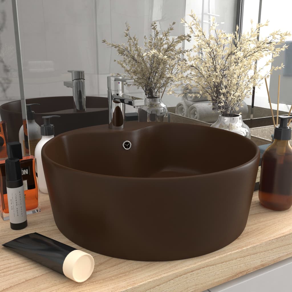 Luxury Wash Basin with Overflow Matt Dark Brown 36x13 cm Ceramic - R and M Furniture