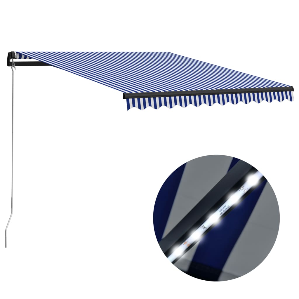 Manual Retractable Awning with LED 300x250 cm Blue and White - Merkel Designers