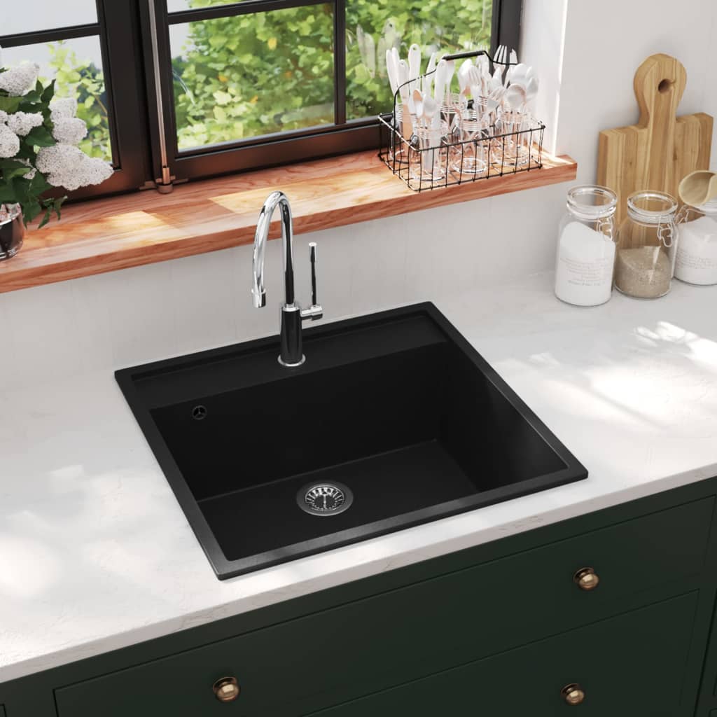 Kitchen Sink with Overflow Hole Black Granite - Sid & Sam