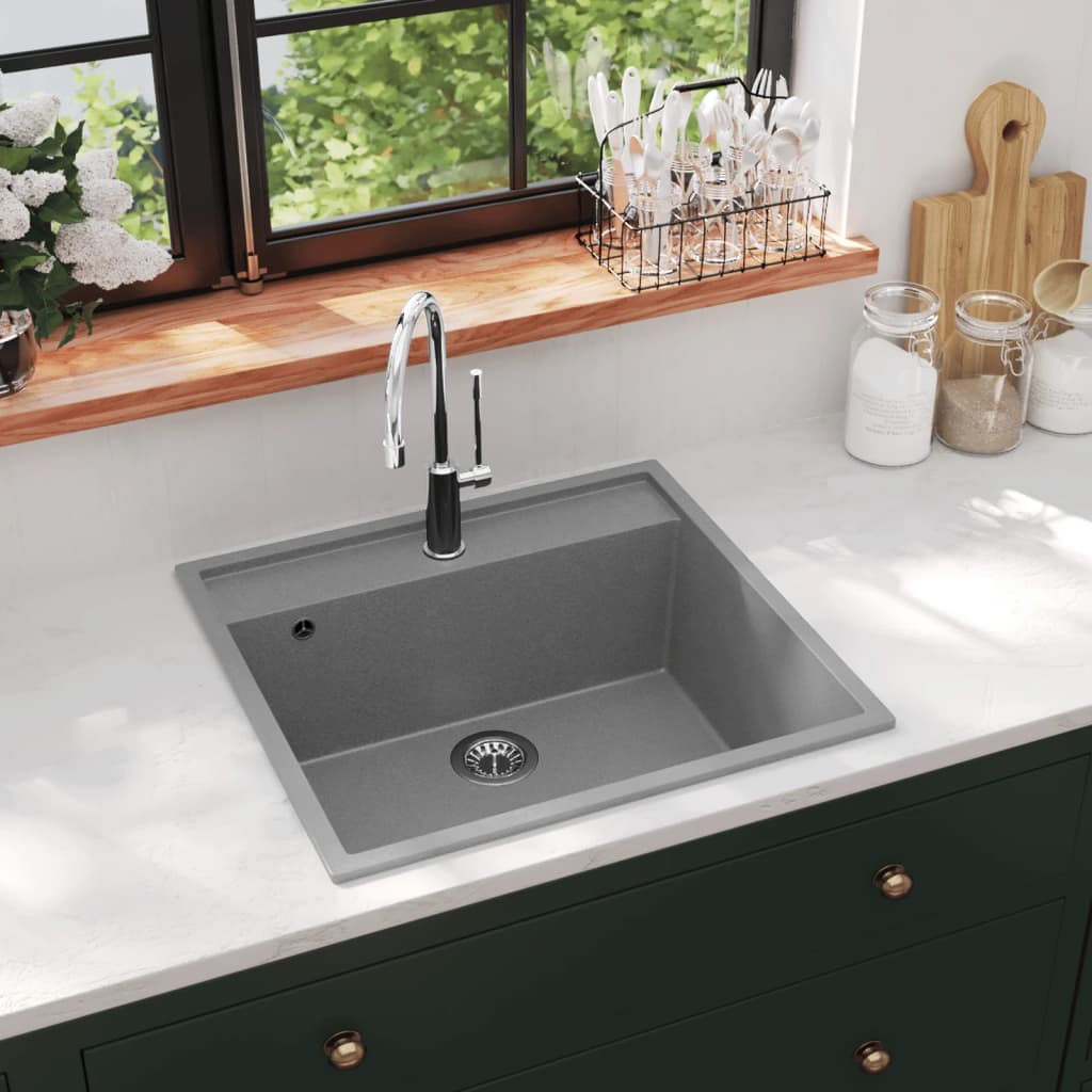 Kitchen Sink with Overflow Hole Grey Granite - Decor Base