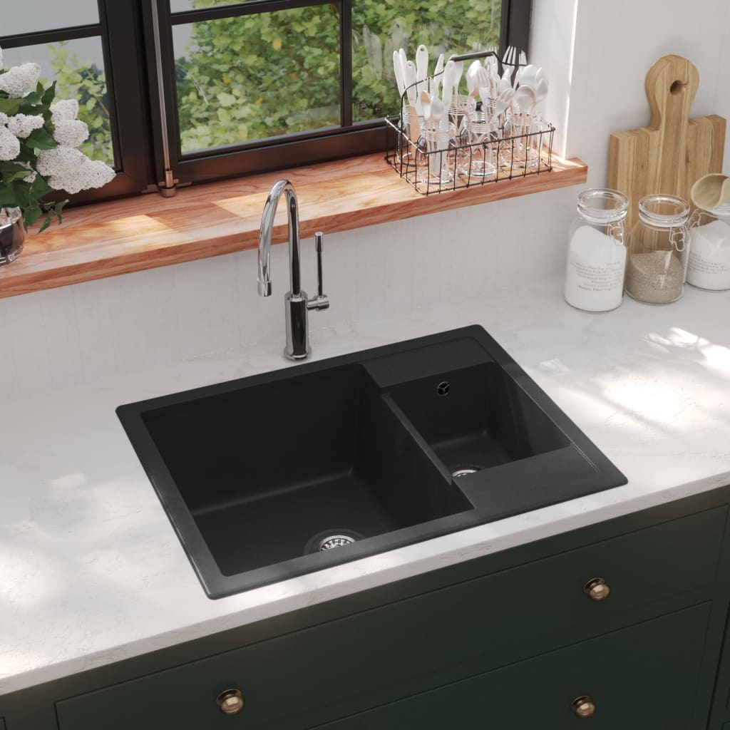 Kitchen Sink with Overflow Hole Double Basins Black Granite - All Things Good