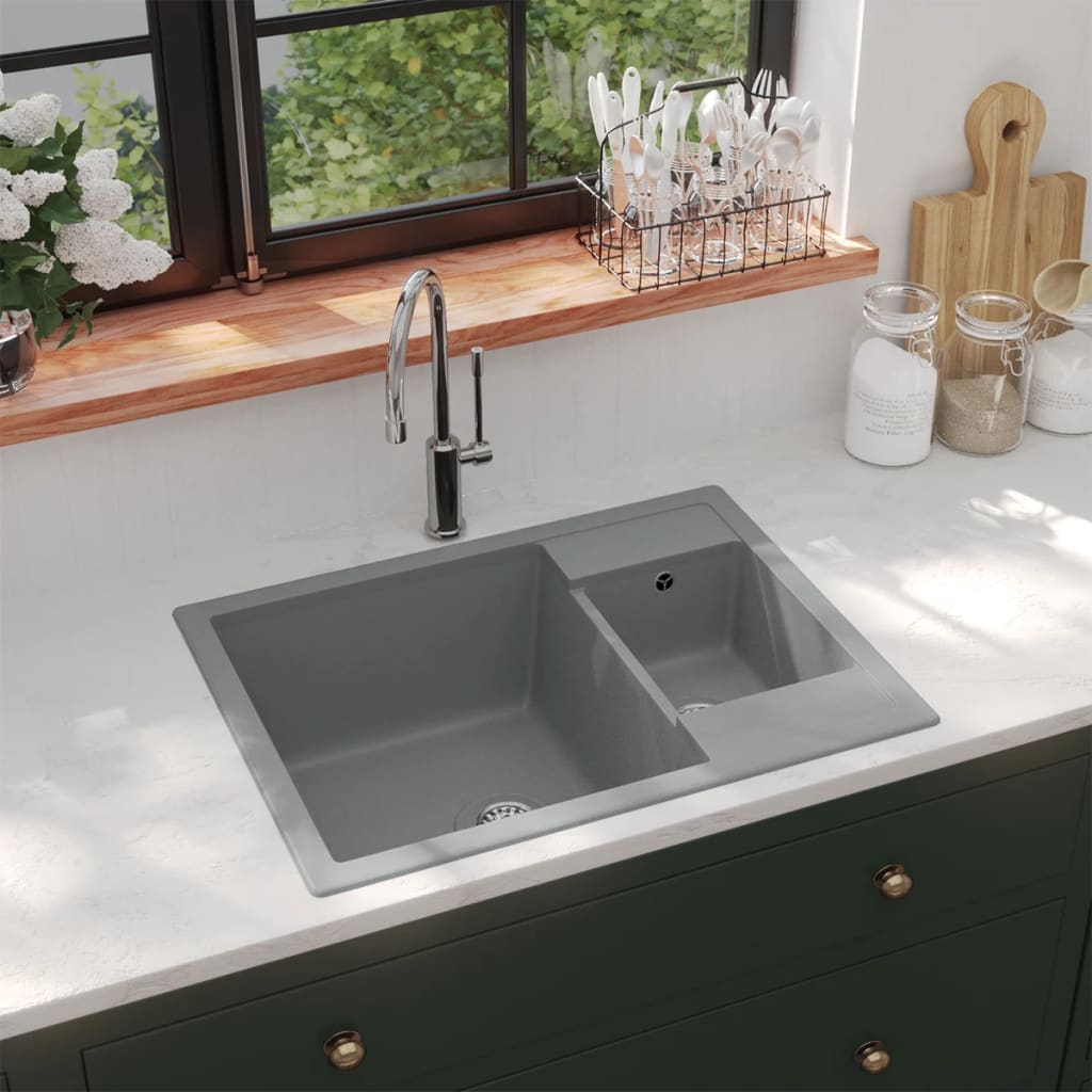 Kitchen Sink with Overflow Hole Double Basins Grey Granite - Design Hut