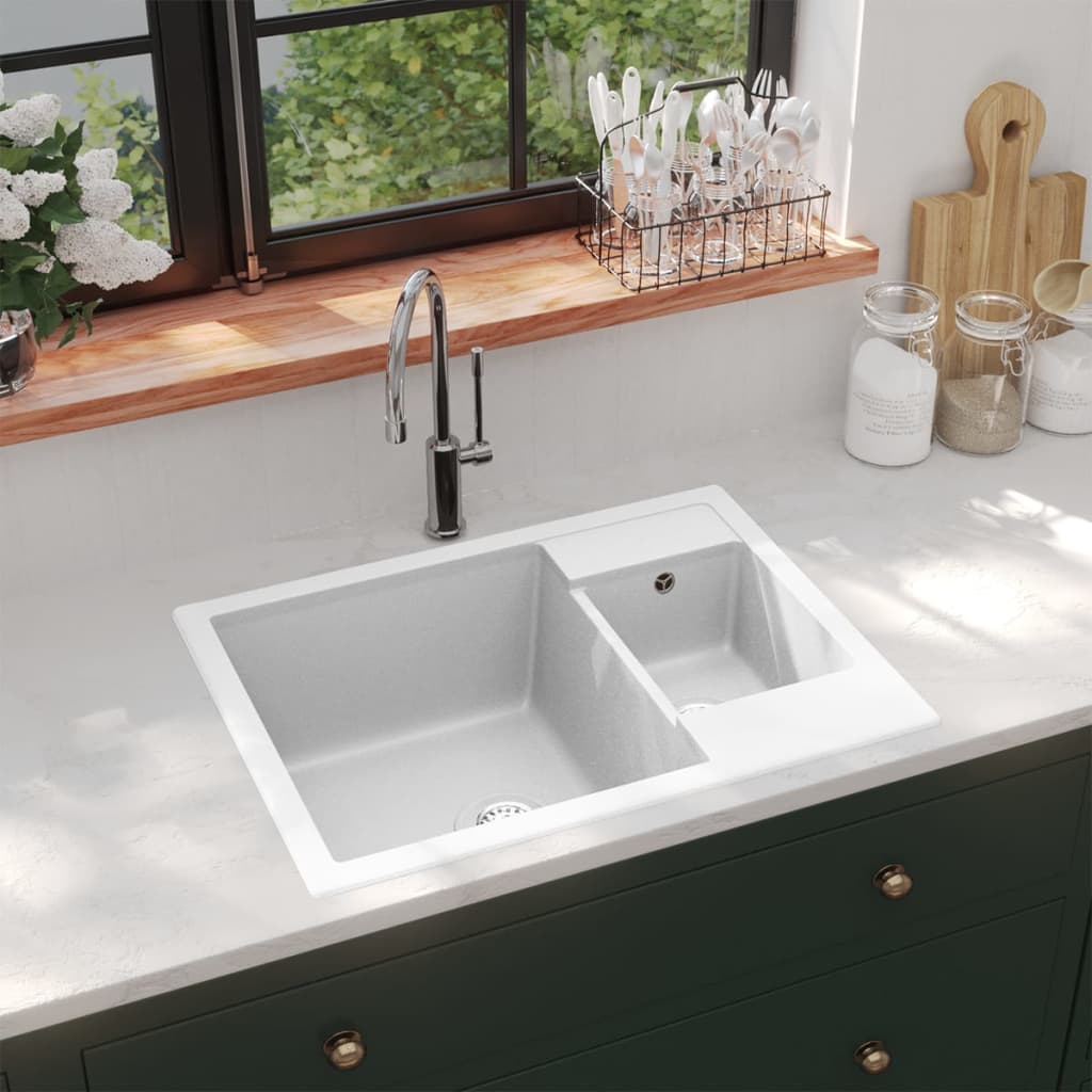Kitchen Sink with Overflow Hole Double Basins White Granite - Decor Base