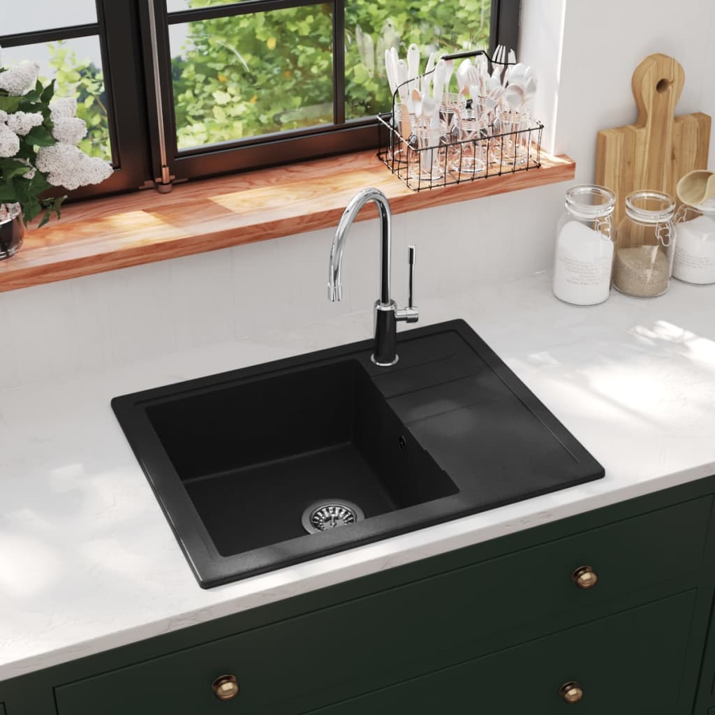 Kitchen Sink with Overflow Hole Oval Black Granite - Style and Chic