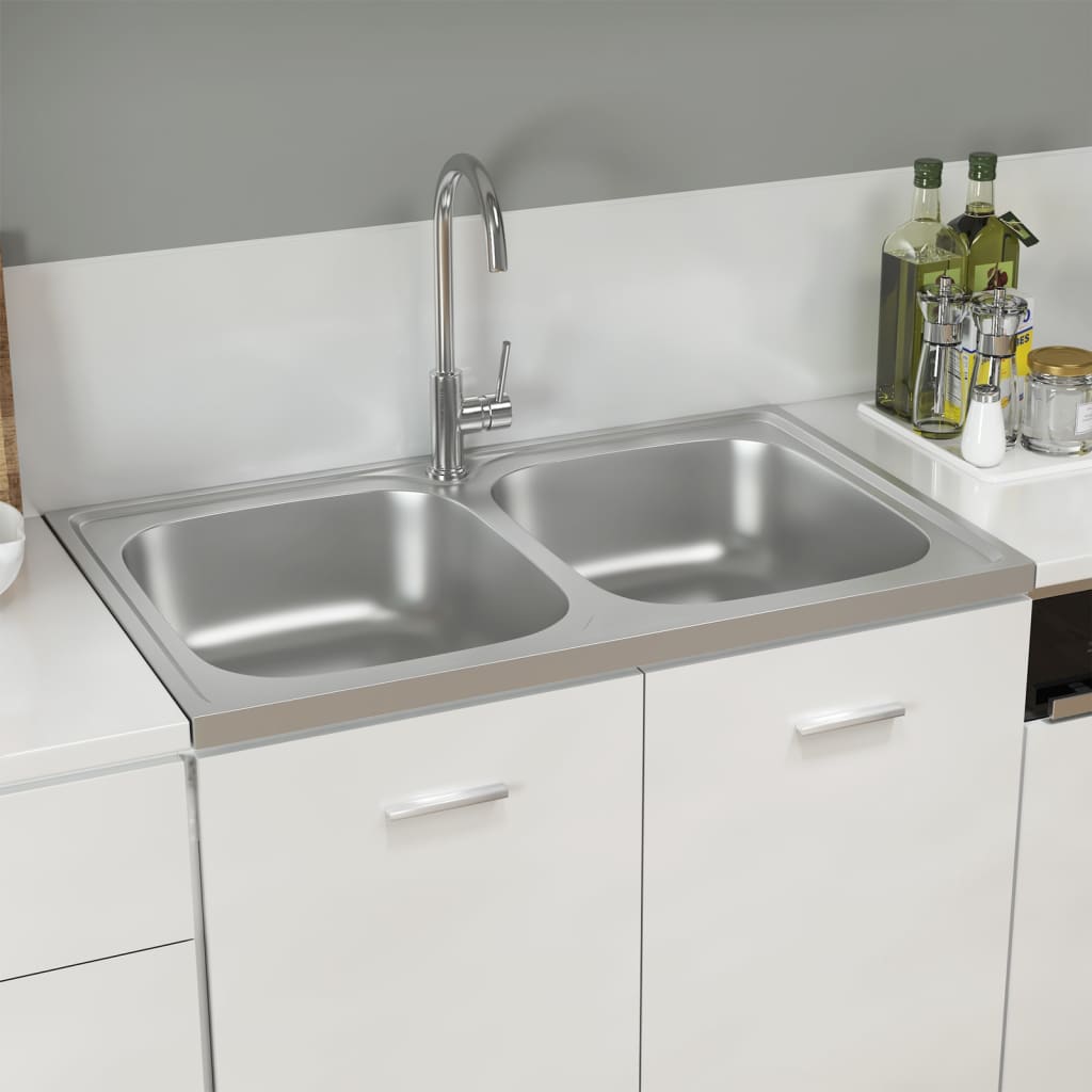 Kitchen Sink with Double Basins Silver 800x500x155 mm Stainless Steel - Sid & Sam