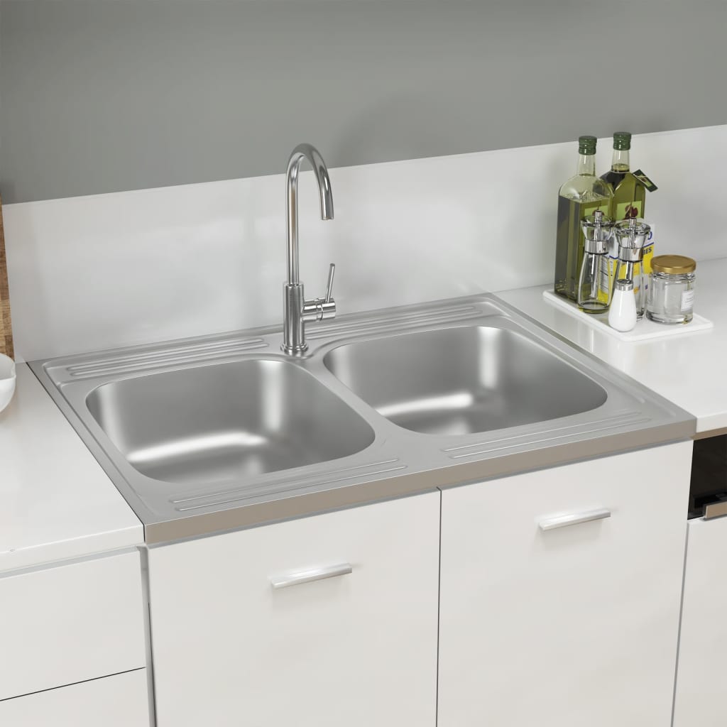 Kitchen Sink with Double Basins Silver 800x600x155 mm Stainless Steel - Tyrell & Tyrell