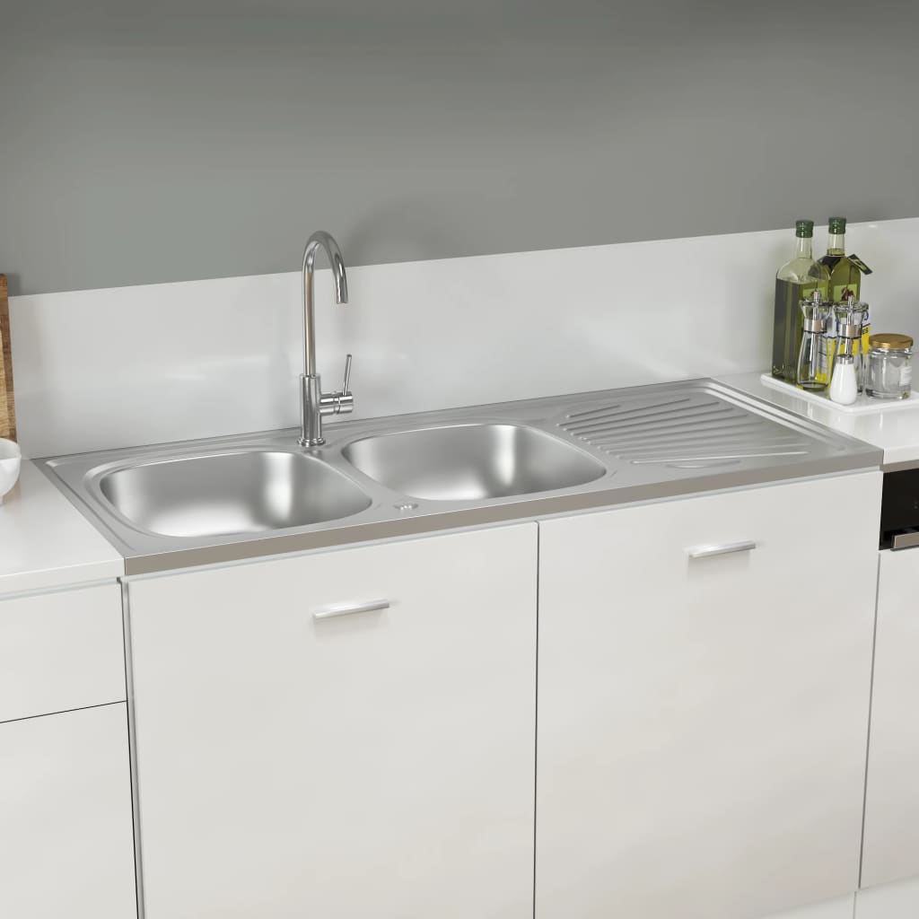 Kitchen Sink with Double Sinks Silver 1200x600x155 mm Stainless Steel - Discount Dealers