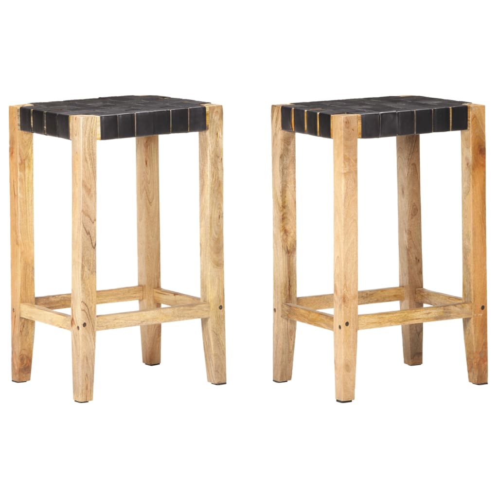 Bar Stools 2 pcs Black Real Leather 75 cm - R and M Furniture