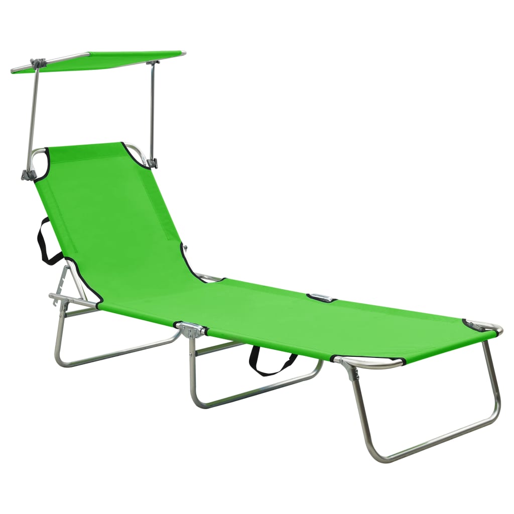 Folding Sun Lounger with Canopy Steel Apple Green - The Home Maker