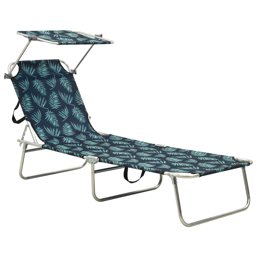 Folding Sun Lounger with Canopy Leaf Print Aluminium - Unbeatable Bargains