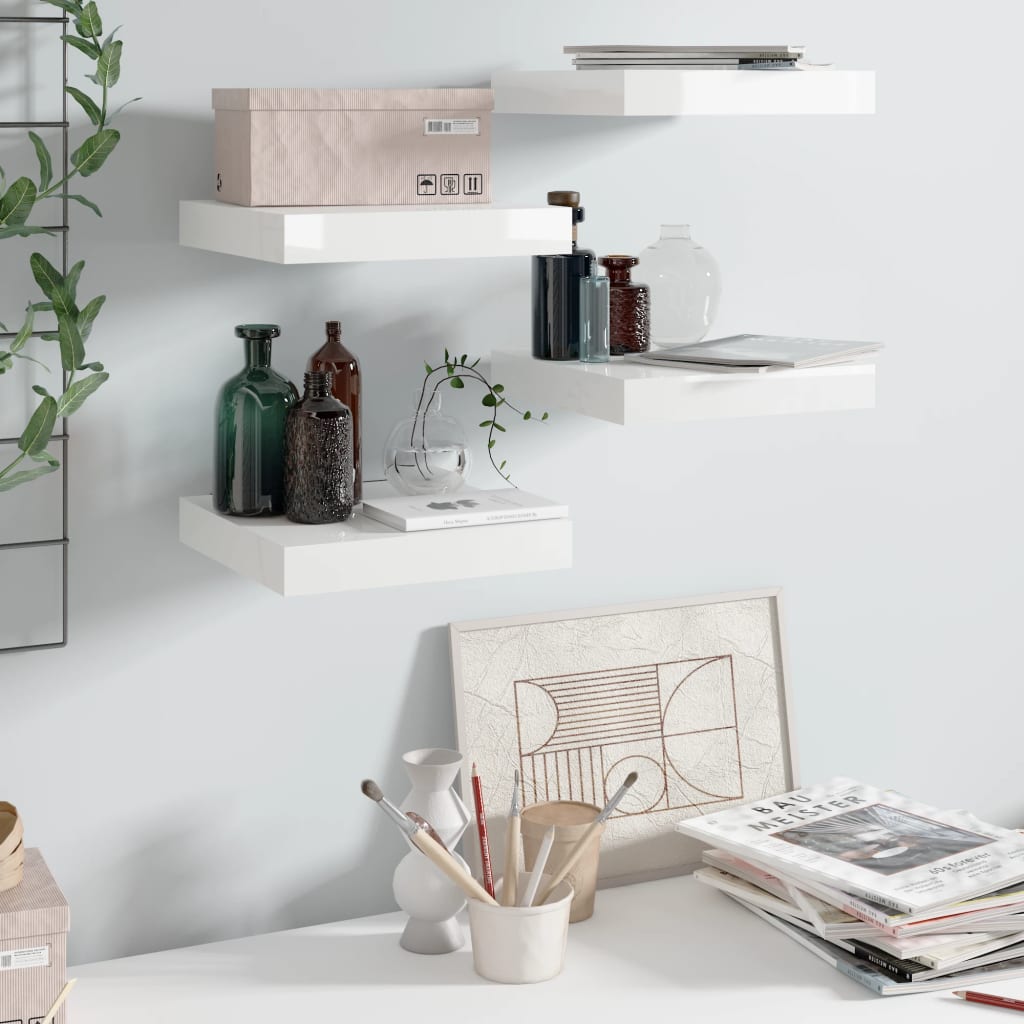 Floating Wall Shelves 4 pcs High Gloss White 23x23.5x3.8 cm MDF - R and M Furniture