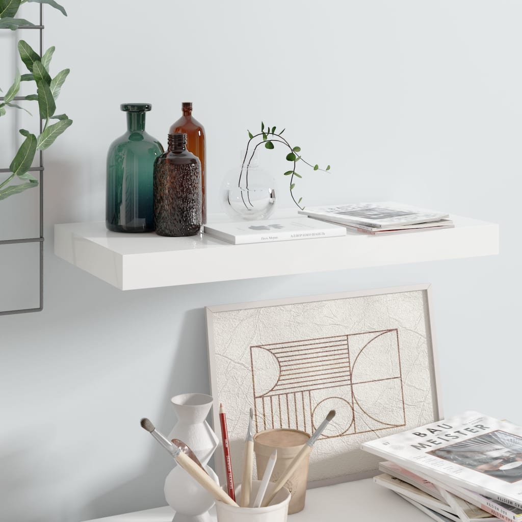 Floating Wall Shelf High Gloss White 50x23x3.8 cm MDF - Decor Base