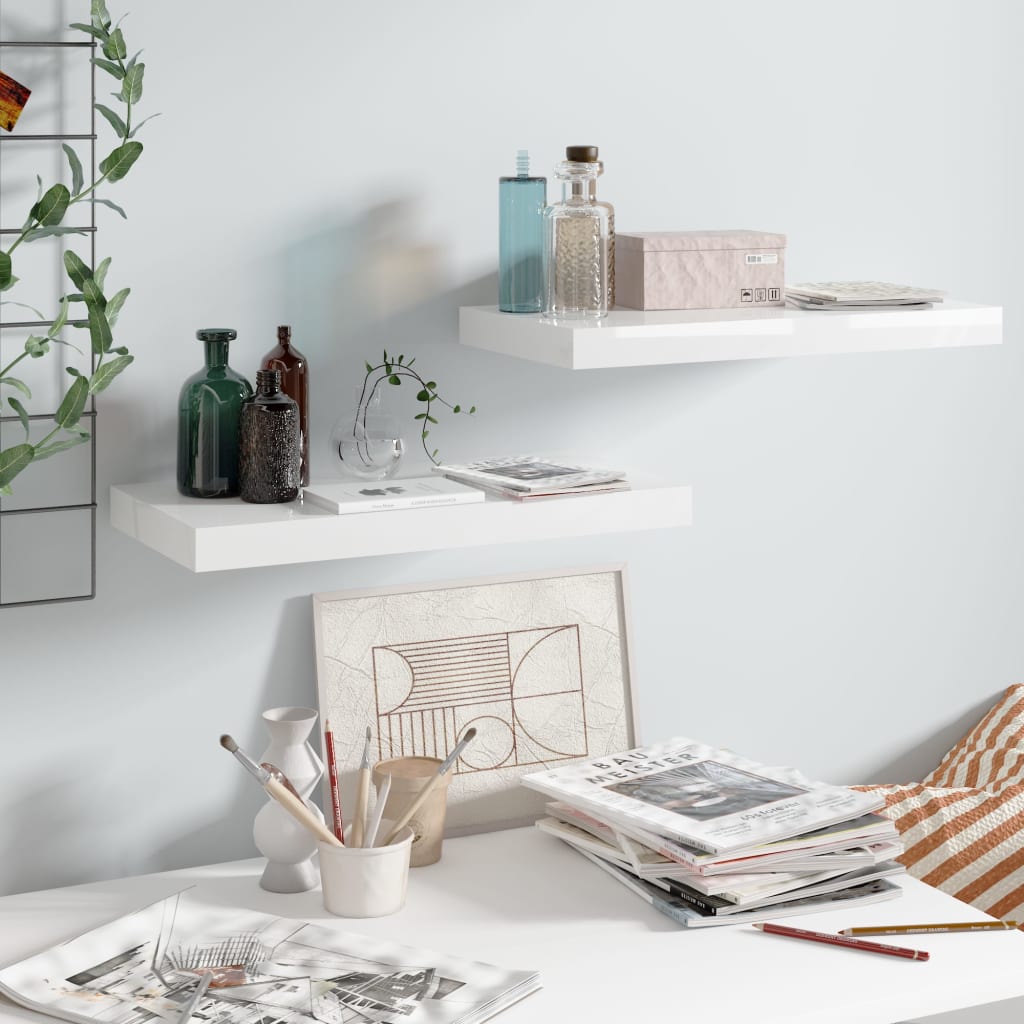 Floating Wall Shelves 2 pcs High Gloss White 50x23x3.8 cm MDF - Merkel Designers