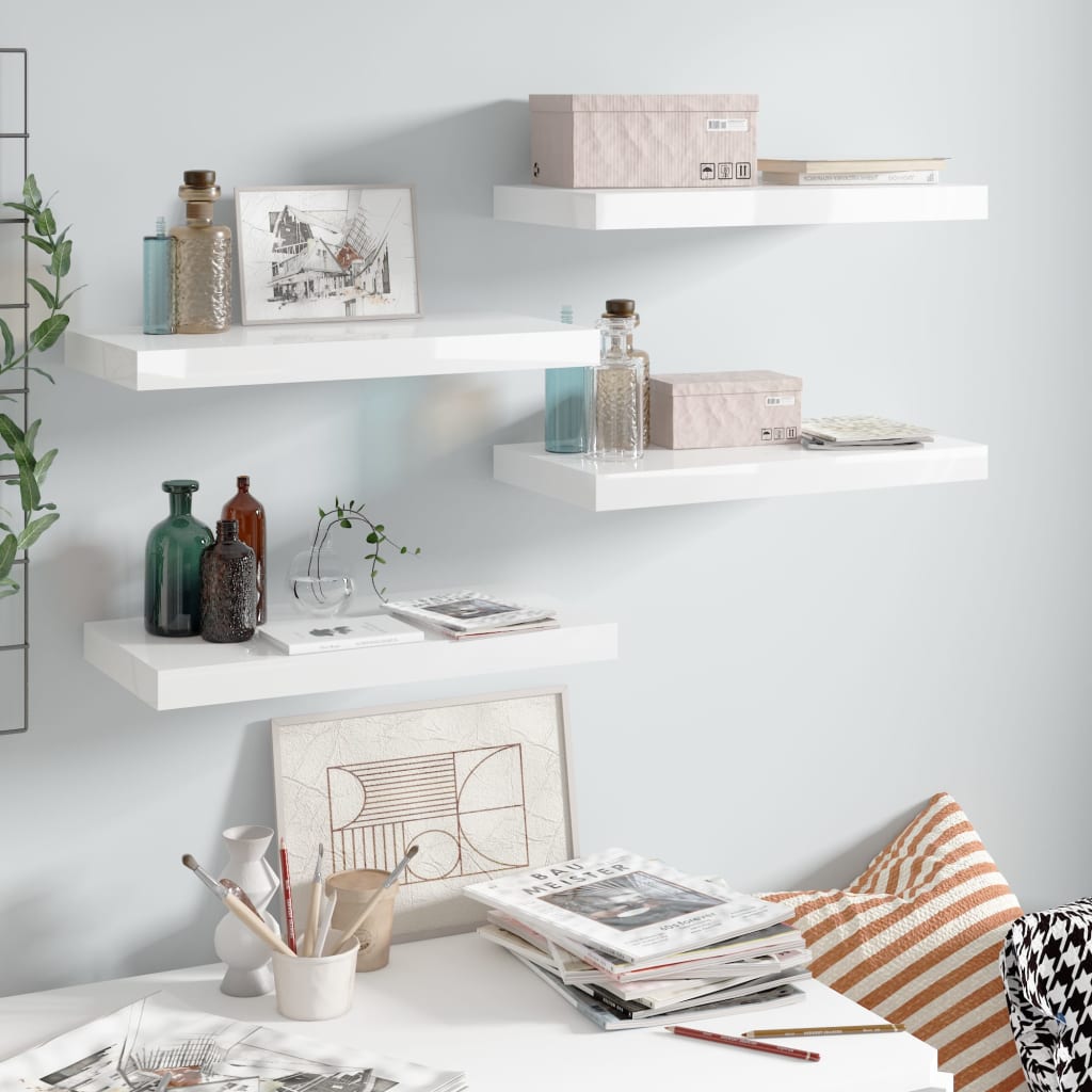 Floating Wall Shelves 4 pcs High Gloss White 50x23x3.8 cm MDF - Decor Base