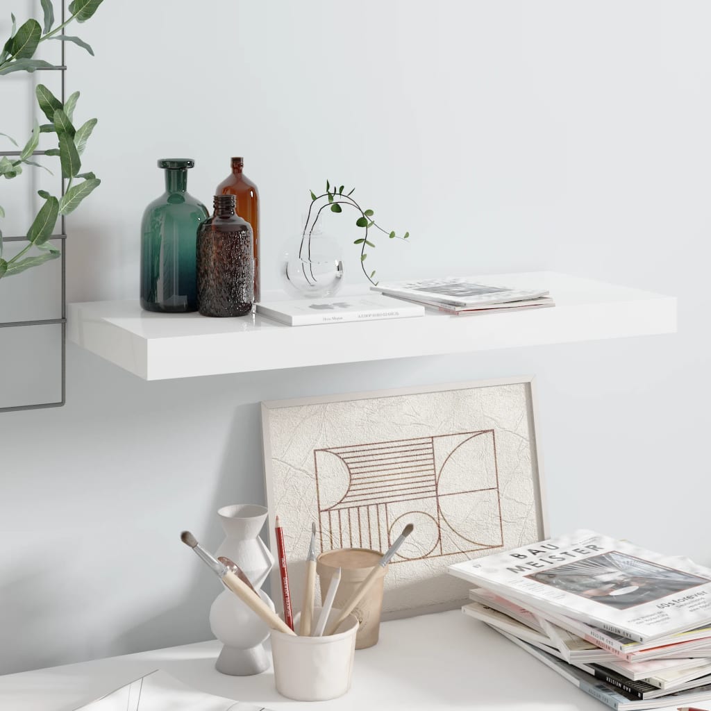Floating Wall Shelf High Gloss White 60x23.5x3.8 cm MDF - R and M Furniture