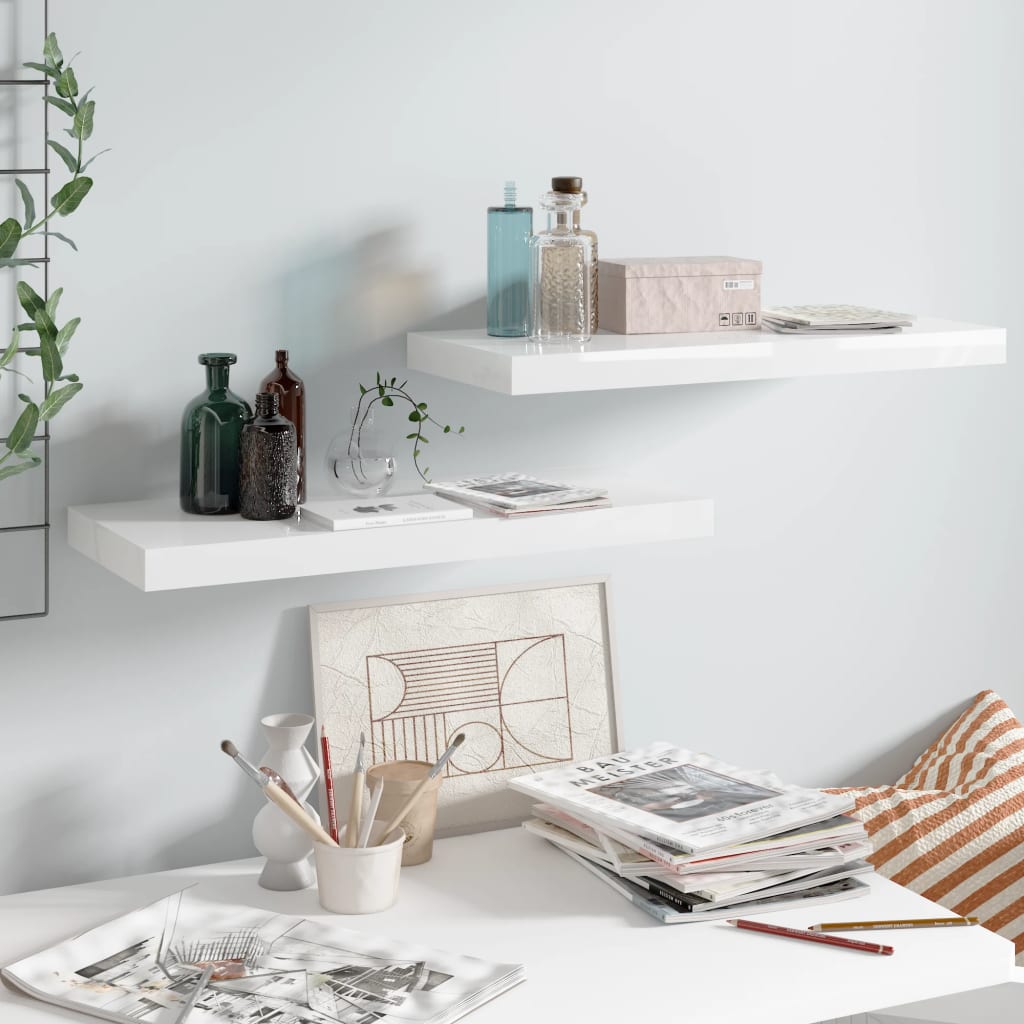 Floating Wall Shelves 2 pcs High Gloss White 60x23.5x3.8 cm MDF - Discount Dealers