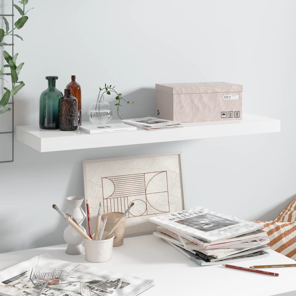 Floating Wall Shelf High Gloss White 80x23.5x3.8 cm MDF - Brittle & Co
