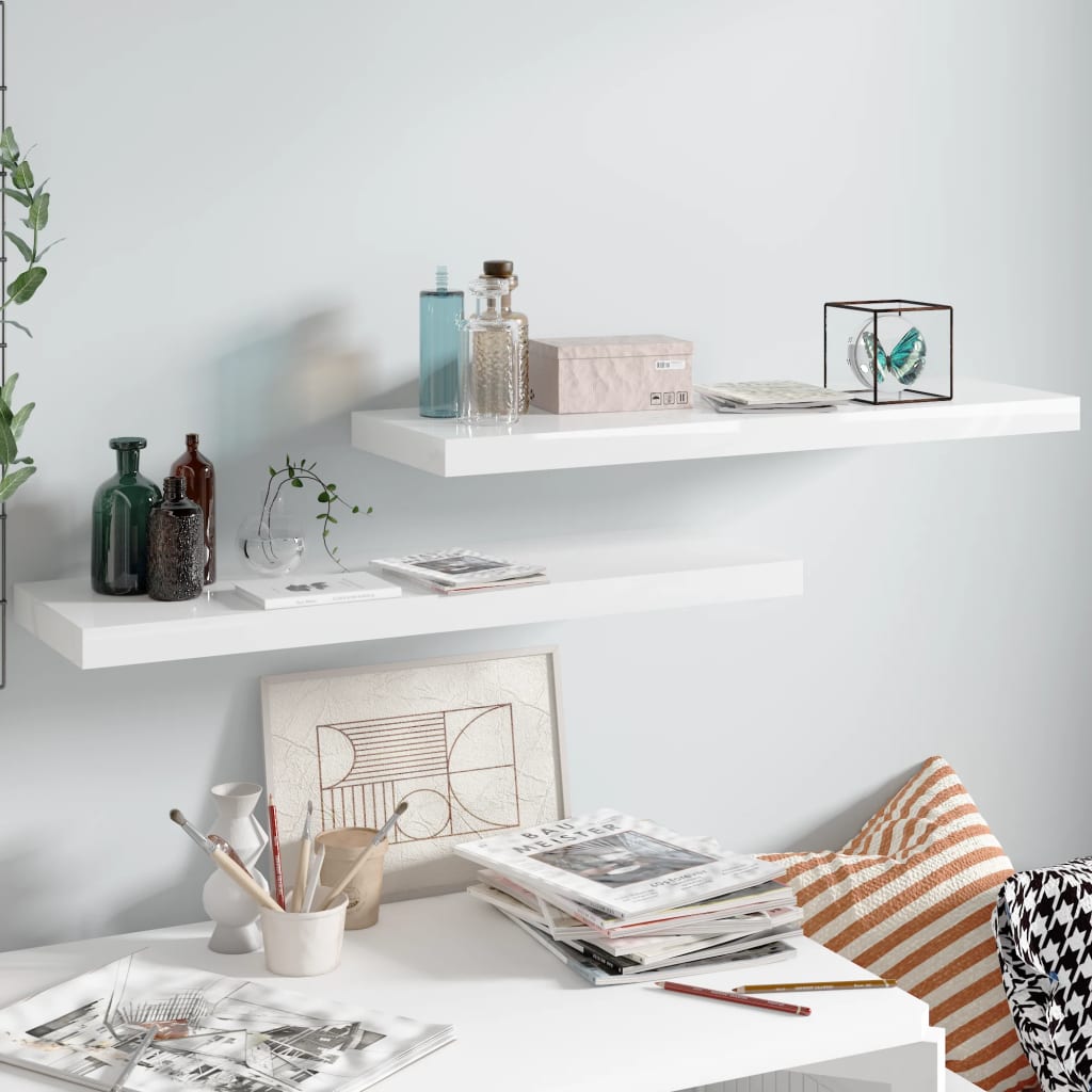 Floating Wall Shelves 2 pcs High Gloss White 80x23.5x3.8 cm MDF - Unbeatable Bargains