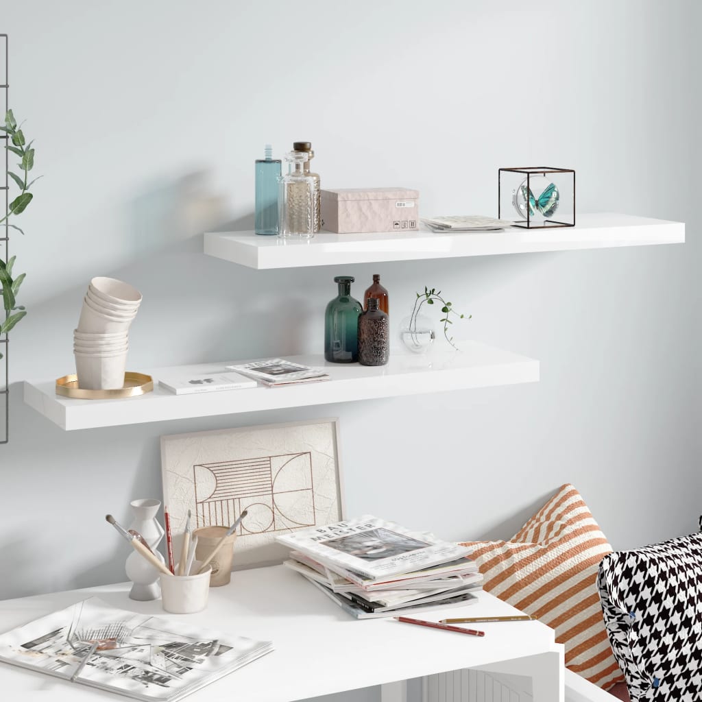 Floating Wall Shelves 2 pcs High Gloss White 90x23.5x3.8 cm MDF - R and M Furniture