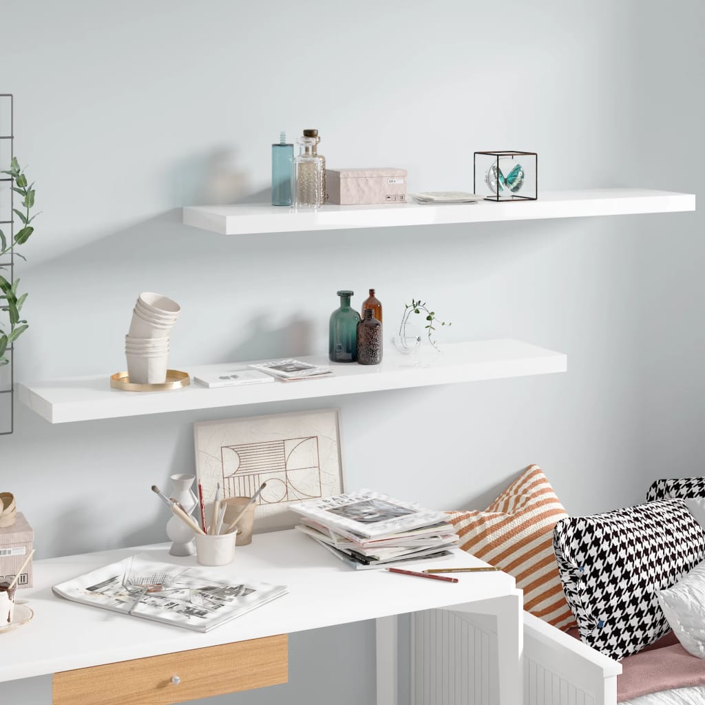 Floating Wall Shelves 2 pcs High Gloss White 120x23.5x3.8 cm MDF - Brittle & Co