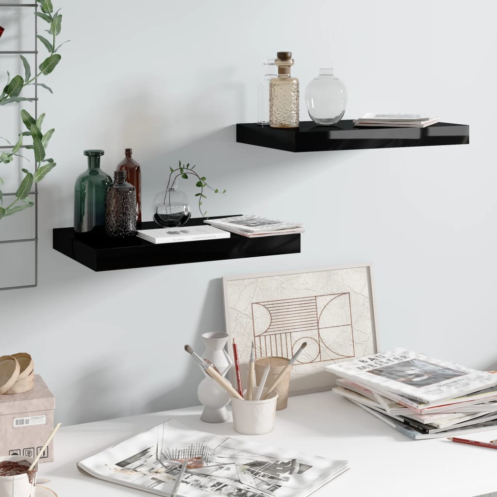 Floating Wall Shelves 2 pcs High Gloss Black 40x23x3.8 cm MDF - Brittle & Co