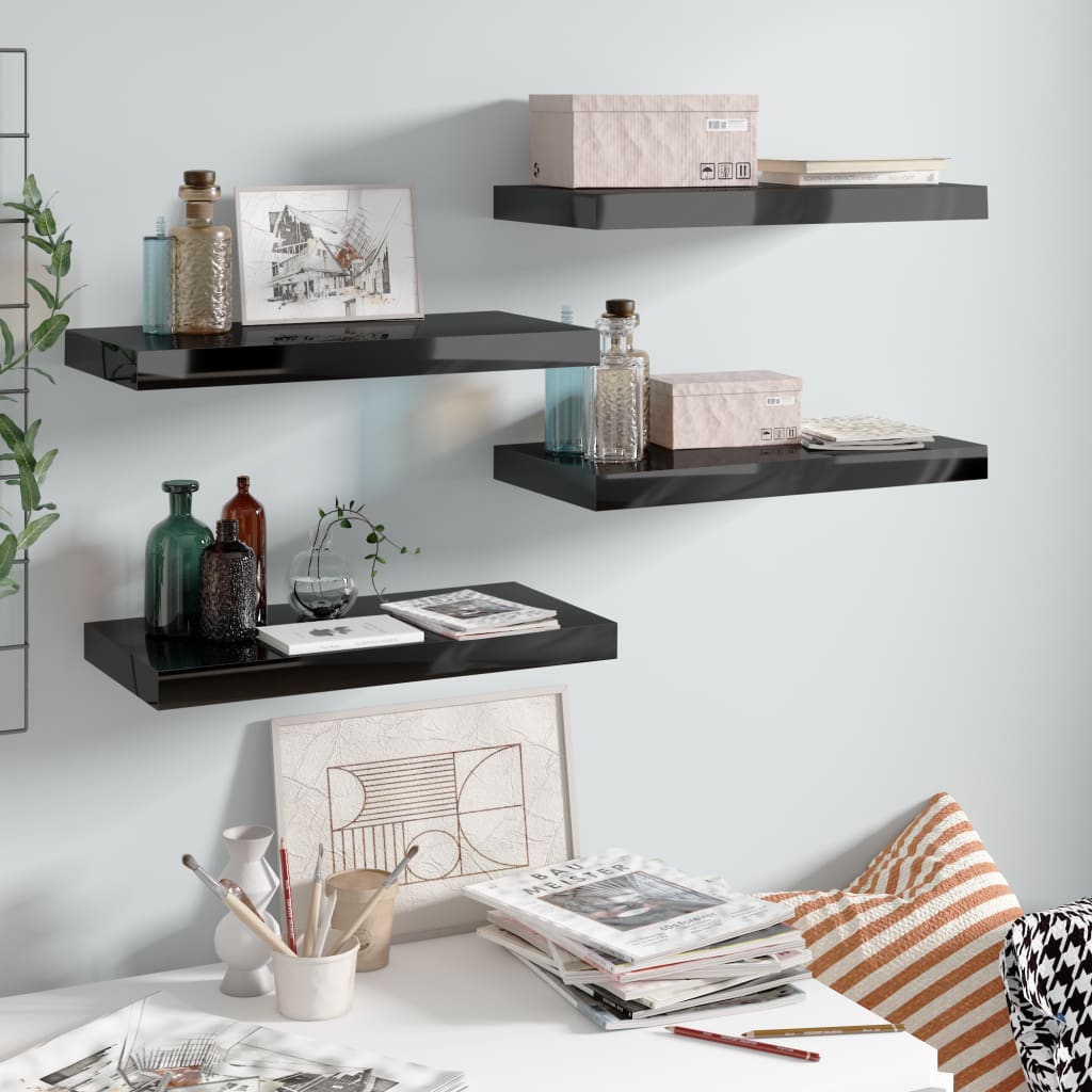 Floating Wall Shelves 4 pcs High Gloss Black 50x23x3.8 cm MDF - Design Hut