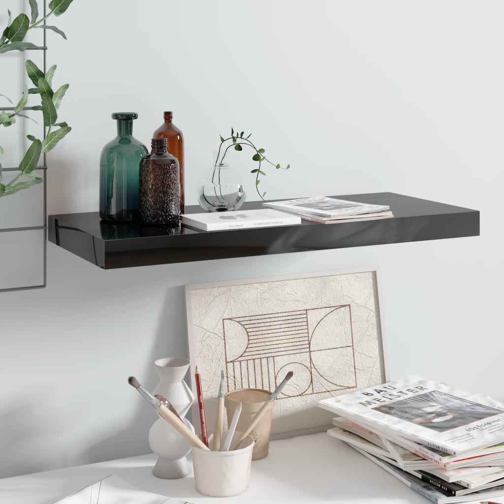 Floating Wall Shelf High Gloss Black 60x23.5x3.8 cm MDF - Millennium Furniture