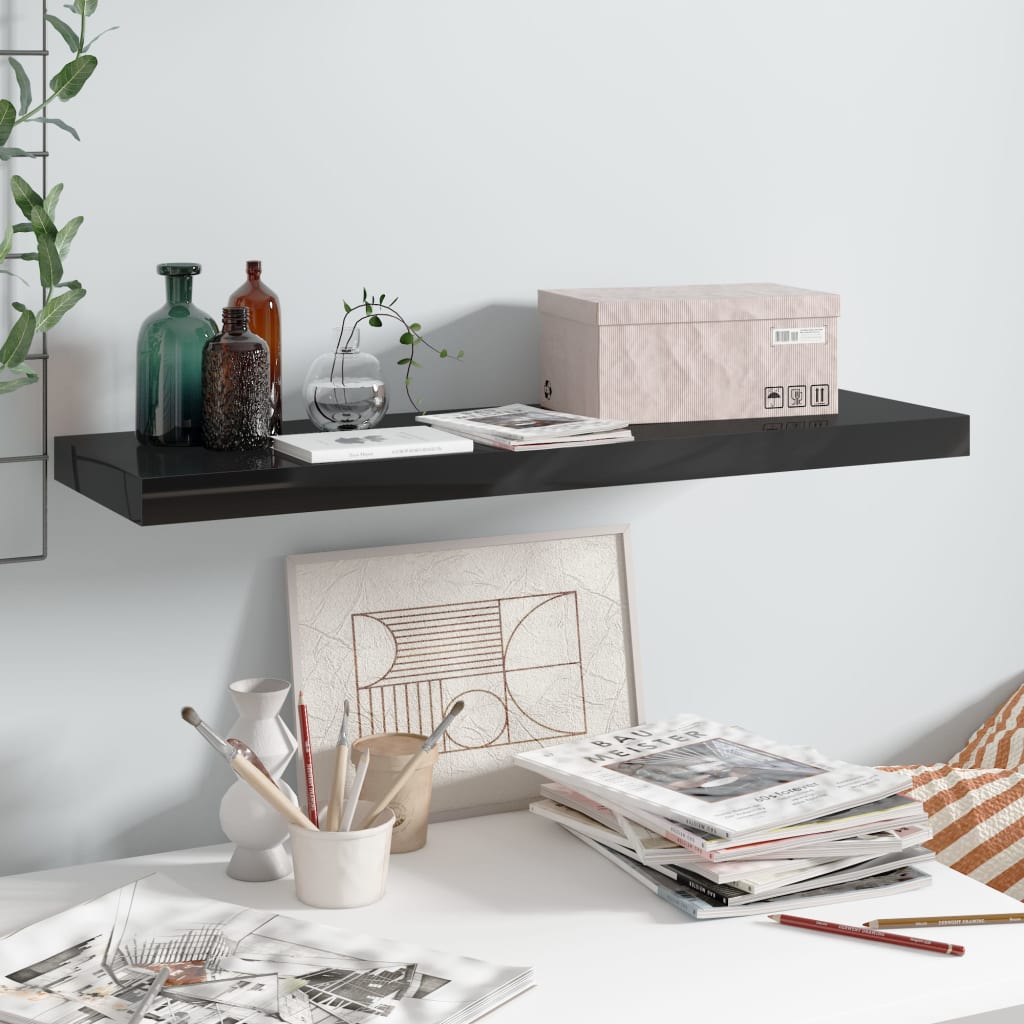 Floating Wall Shelf High Gloss Black 80x23.5x3.8 cm MDF - Decor Base