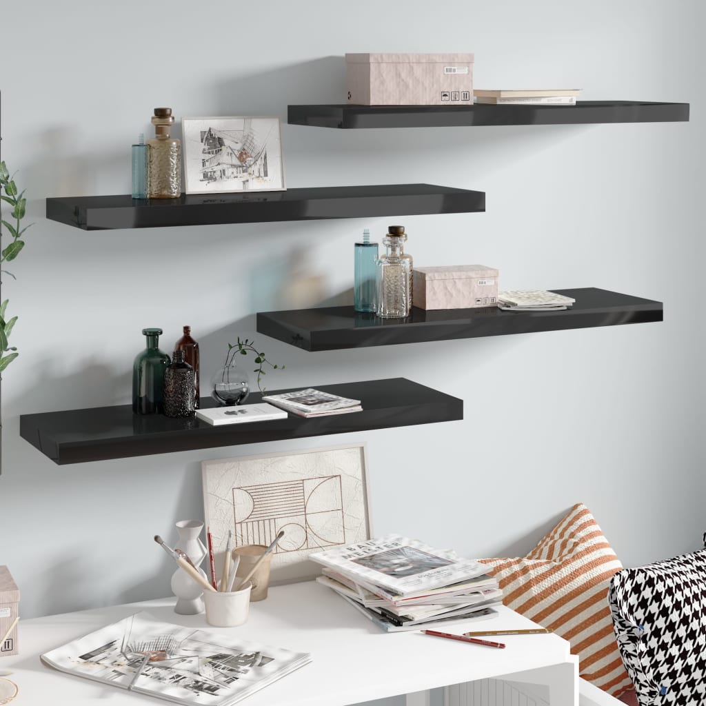 Floating Wall Shelves 4 pcs High Gloss Black 80x23.5x3.8 cm MDF - Direct Imports