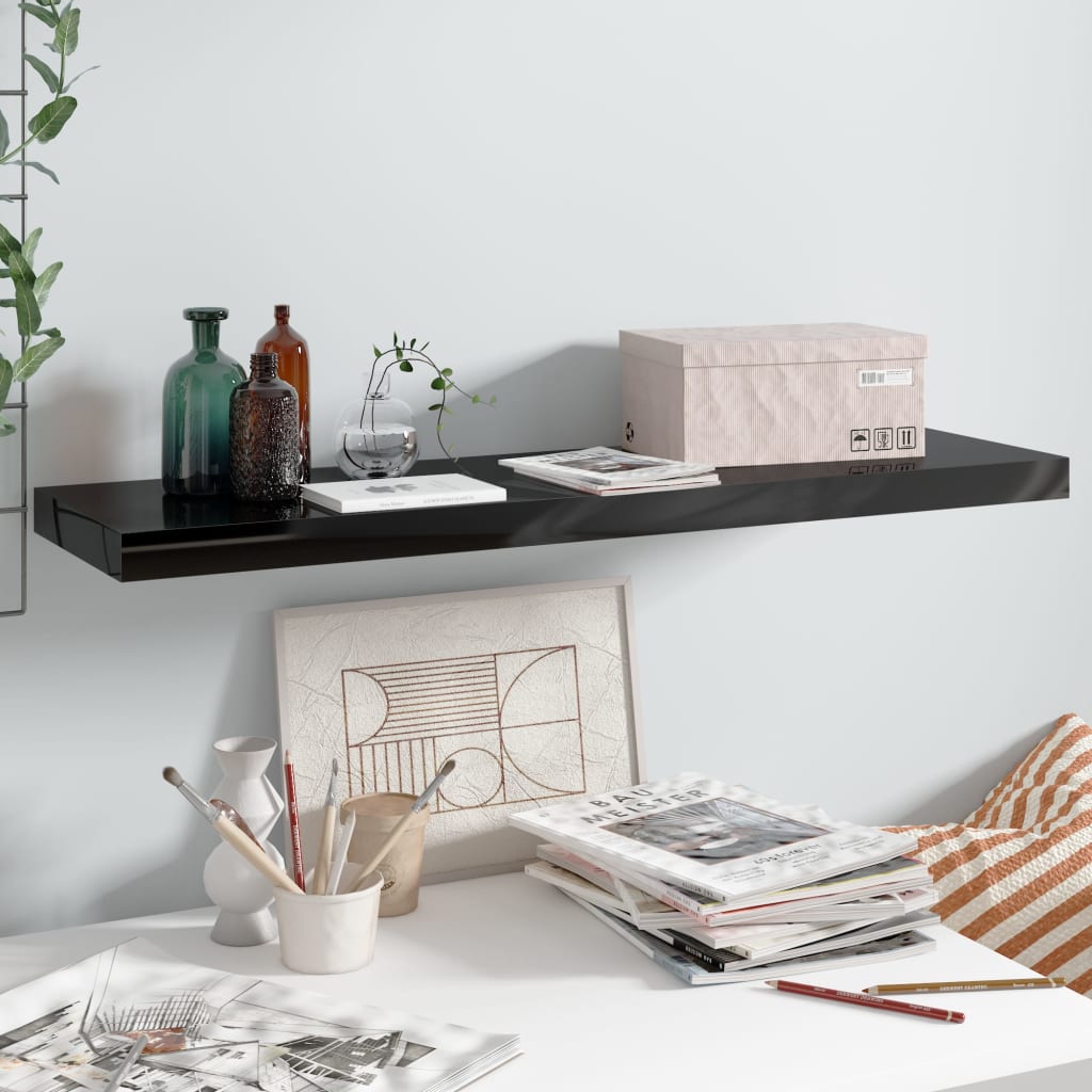 Floating Wall Shelf High Gloss Black 90x23.5x3.8 cm MDF - Discount Dealers