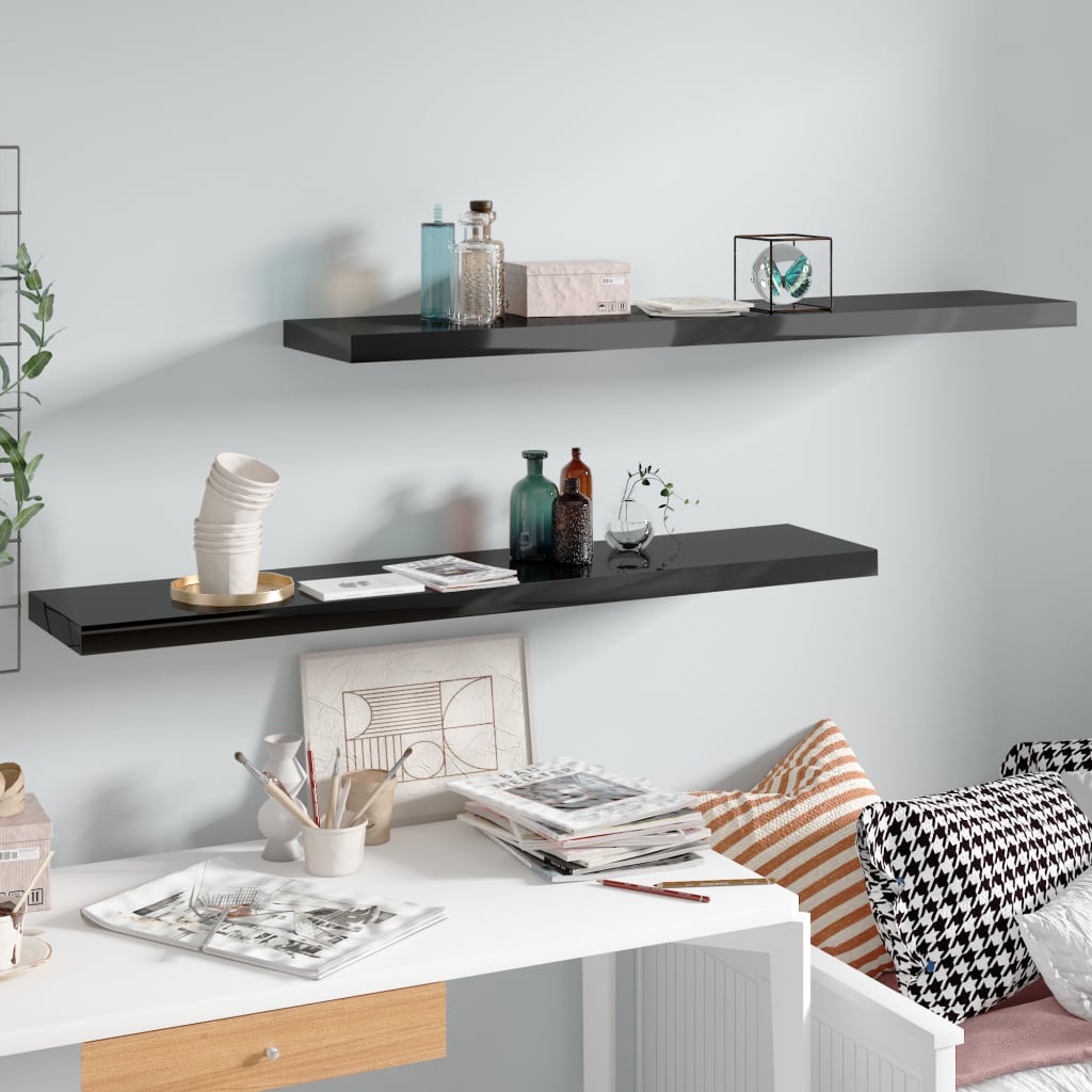 Floating Wall Shelves 2 pcs High Gloss Black 120x23.5x3.8 cm MDF - Brittle & Co