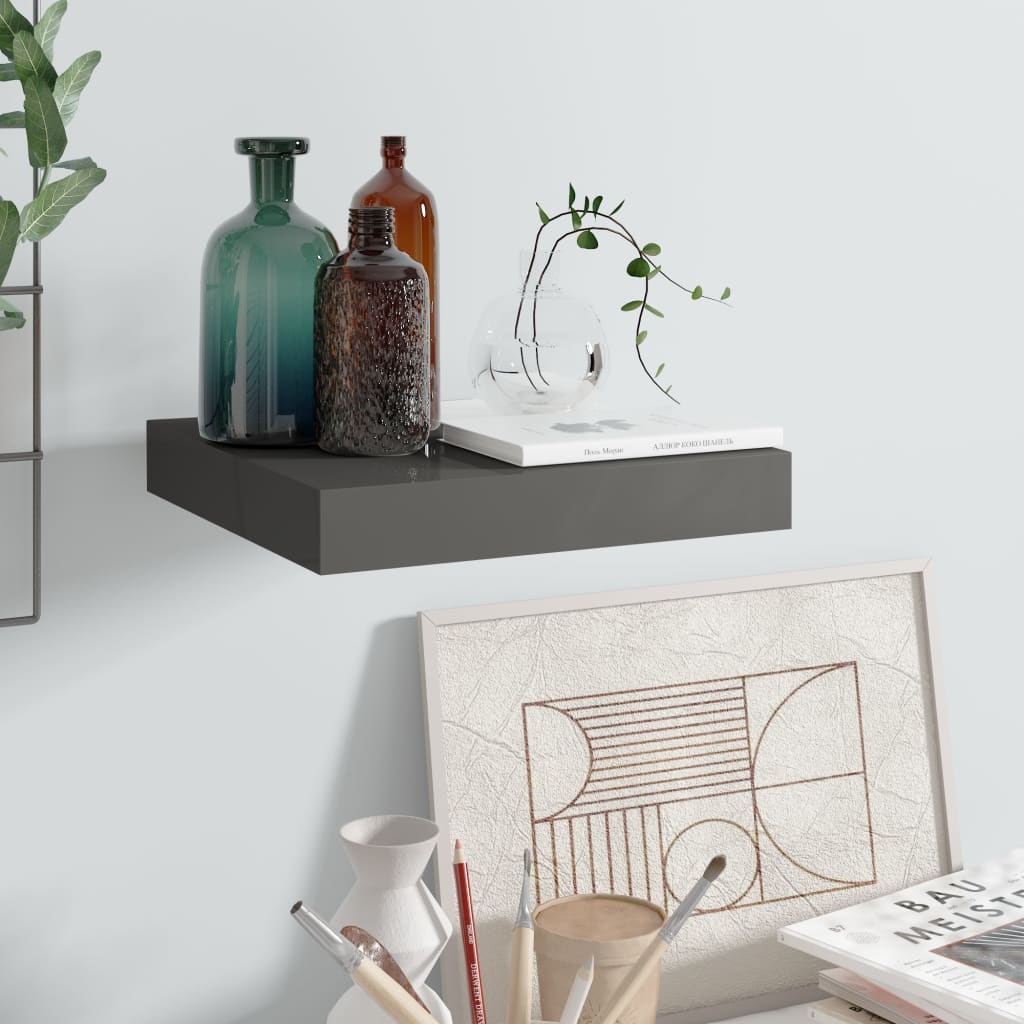 Floating Wall Shelf High Gloss Grey 23x23.5x3.8 cm MDF - R and M Furniture