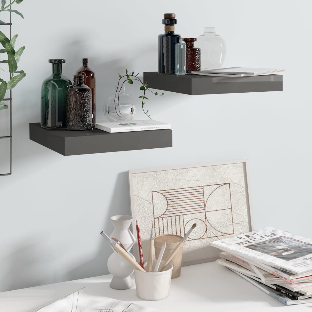 Floating Wall Shelves 2 pcs High Gloss Grey 23x23.5x3.8 cm MDF - Design Hut
