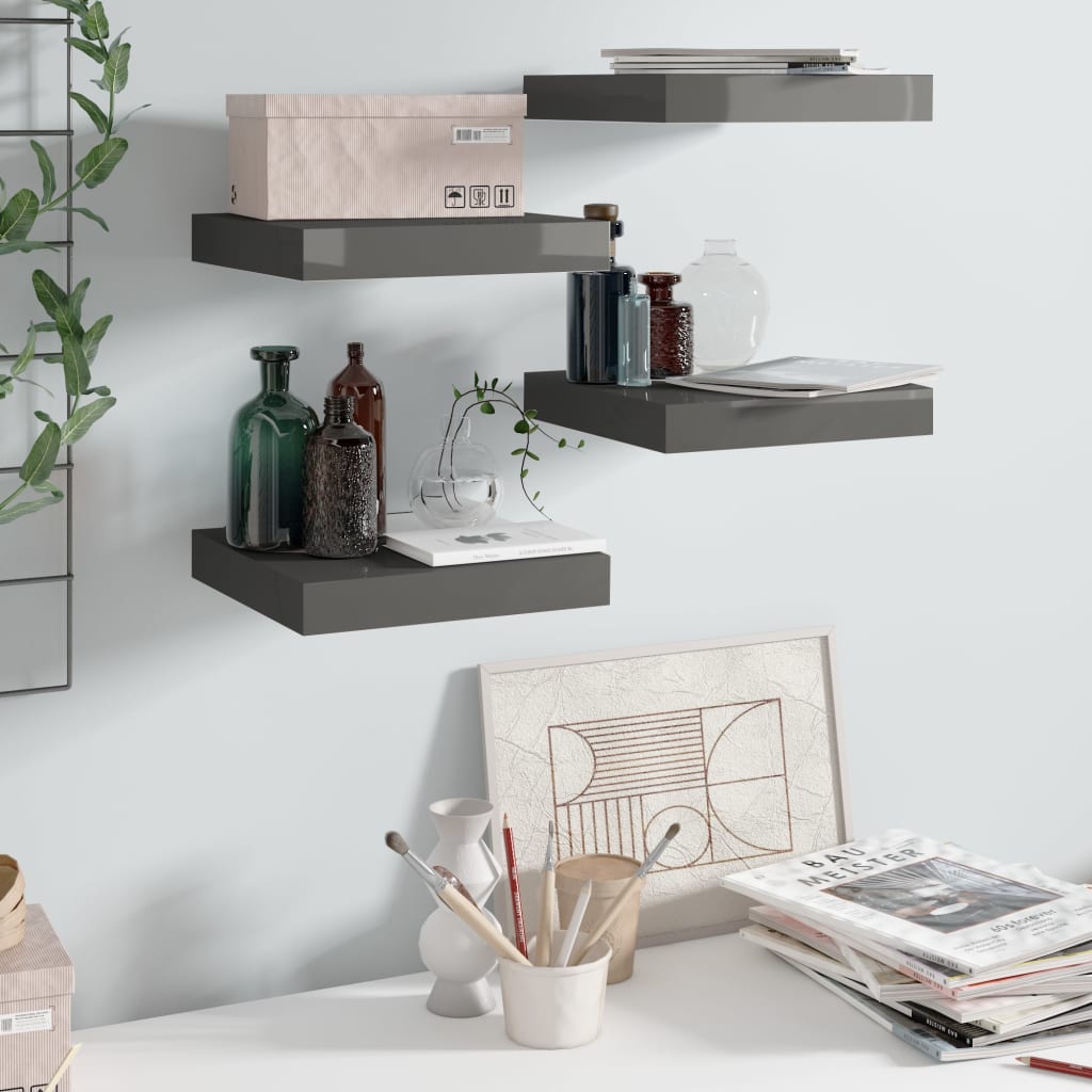 Floating Wall Shelves 4 pcs High Gloss Grey 23x23.5x3.8 cm MDF - All Things Good