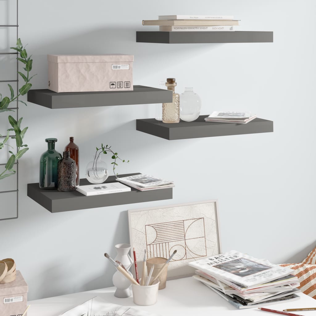 Floating Wall Shelves 4 pcs High Gloss Grey 40x23x3.8 cm MDF - Merlin Deals