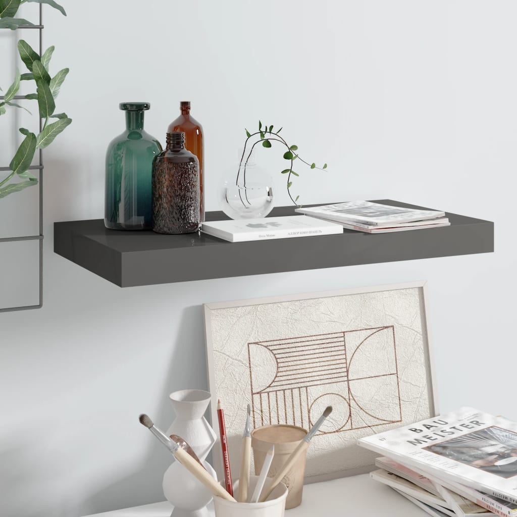 Floating Wall Shelf High Gloss Grey 50x23x3.8 cm MDF - Decor Base