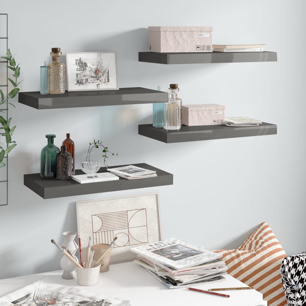 Floating Wall Shelves 4 pcs High Gloss Grey 50x23x3.8 cm MDF - Discount Dealers