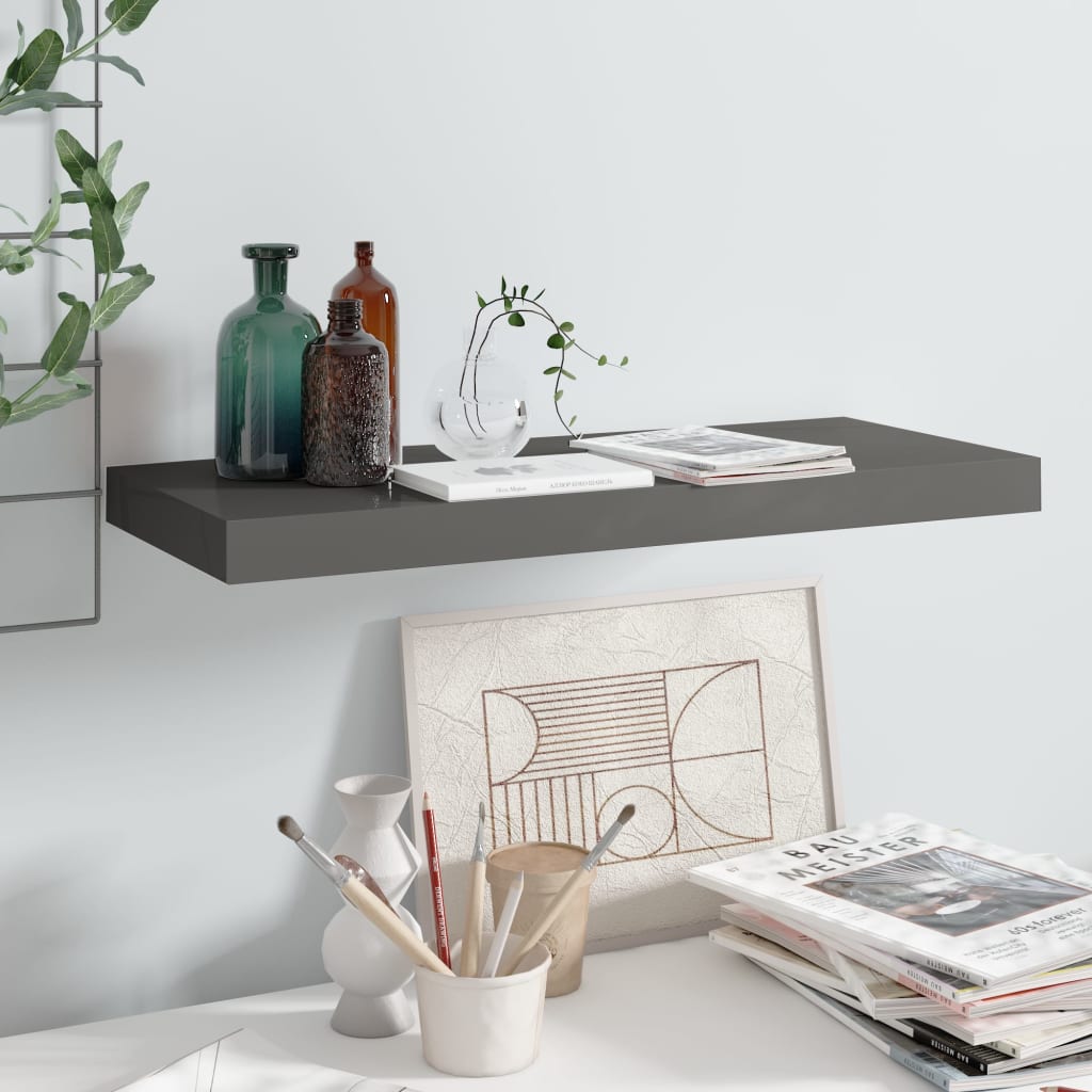 Floating Wall Shelf High Gloss Grey 60x23.5x3.8 cm MDF - Merlin Deals