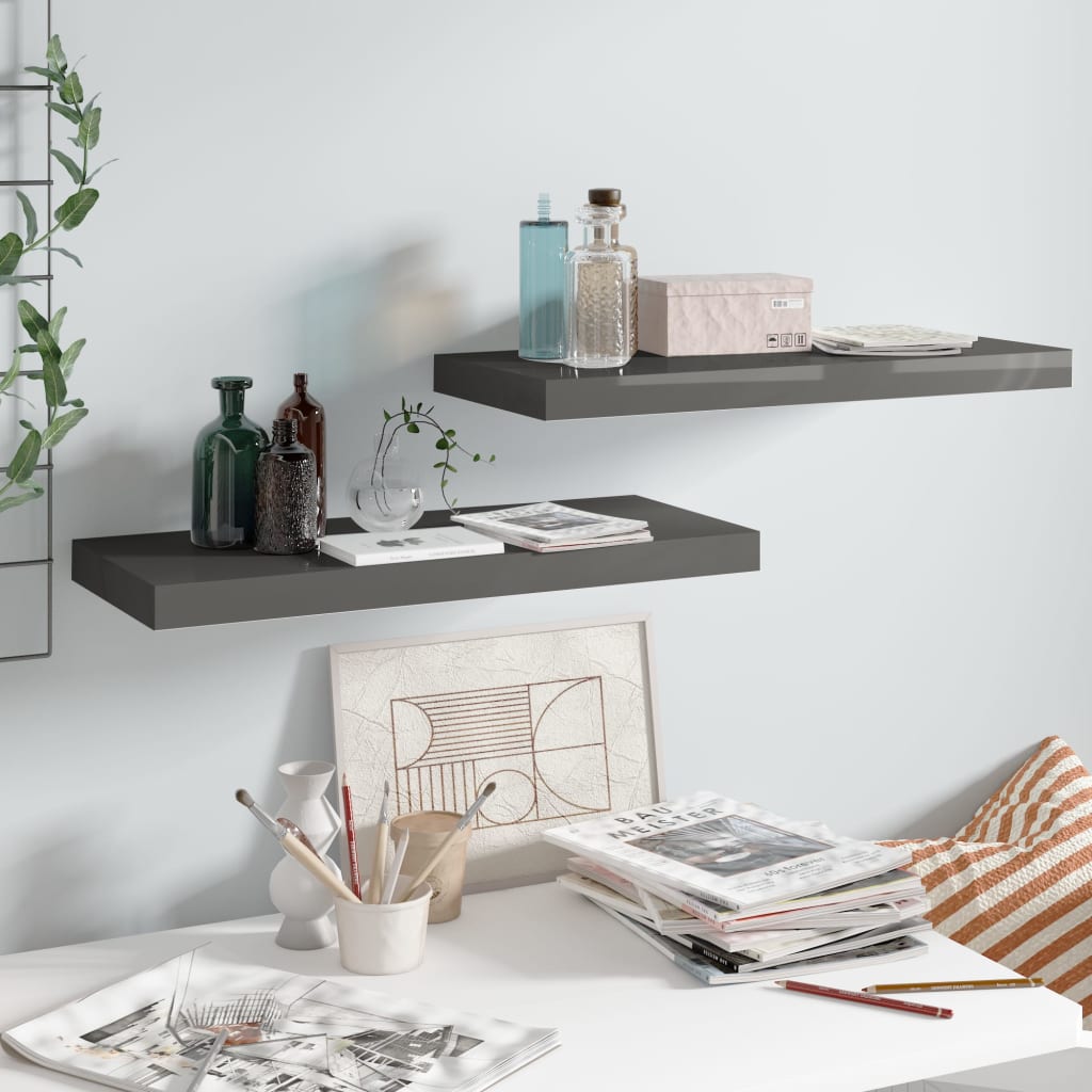 Floating Wall Shelves 2 pcs High Gloss Grey 60x23.5x3.8 cm MDF - The Home Maker