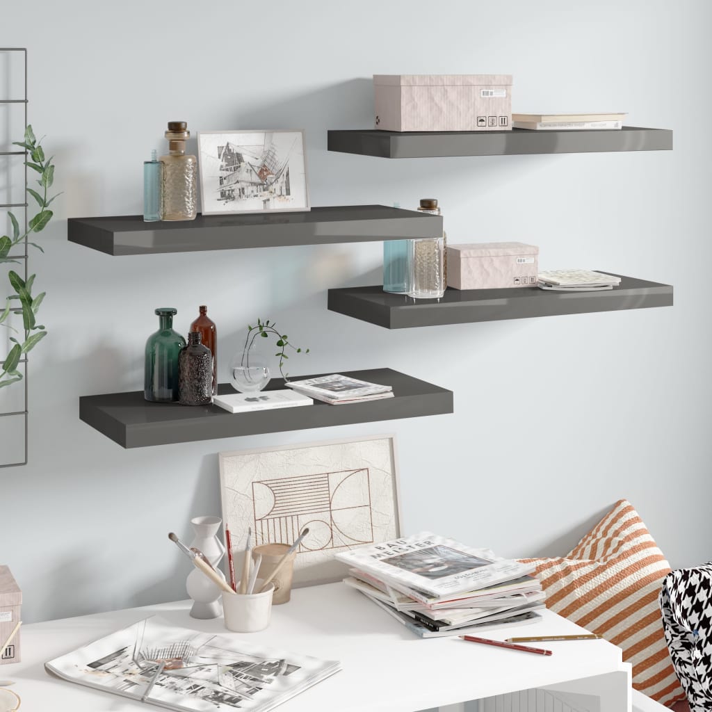 Floating Wall Shelves 4 pcs High Gloss Grey 60x23.5x3.8 cm MDF - Unbeatable Bargains