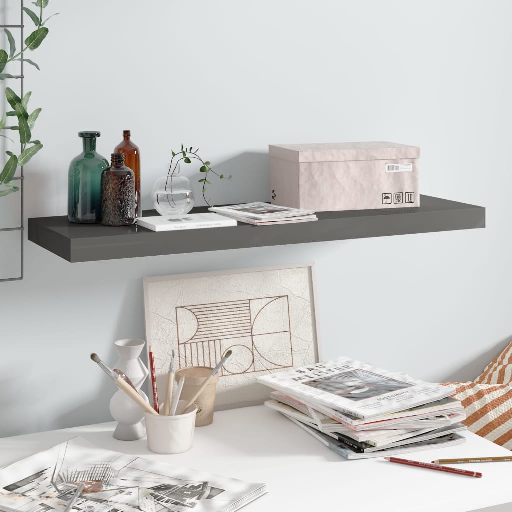 Floating Wall Shelf High Gloss Grey 80x23.5x3.8 cm MDF - Decor Base