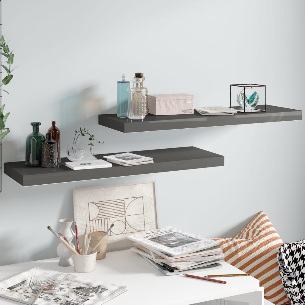 Floating Wall Shelves 2 Pieces High Gloss Grey 80x23.5x3.8 cm MDF - Discount Dealers