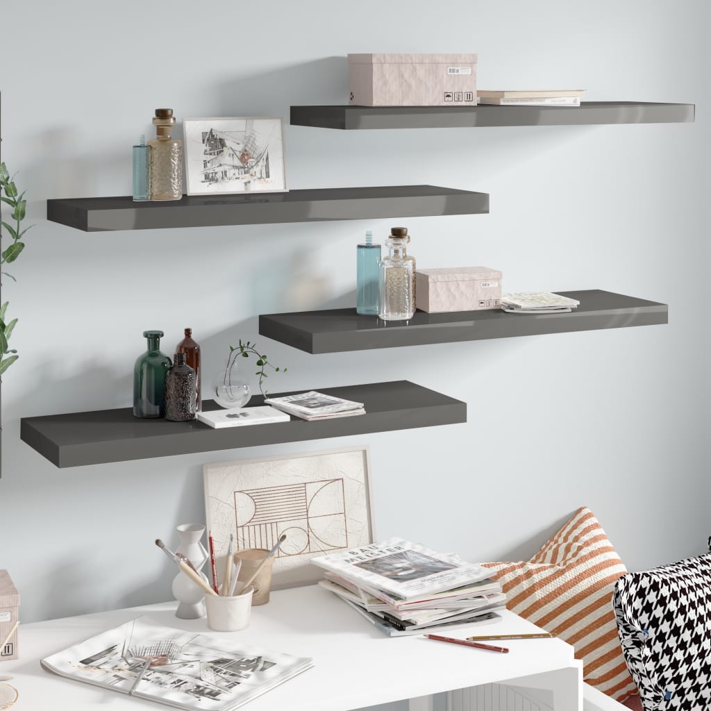 Floating Wall Shelves 4 pcs High Gloss Grey 80x23.5x3.8 cm MDF - Millennium Furniture