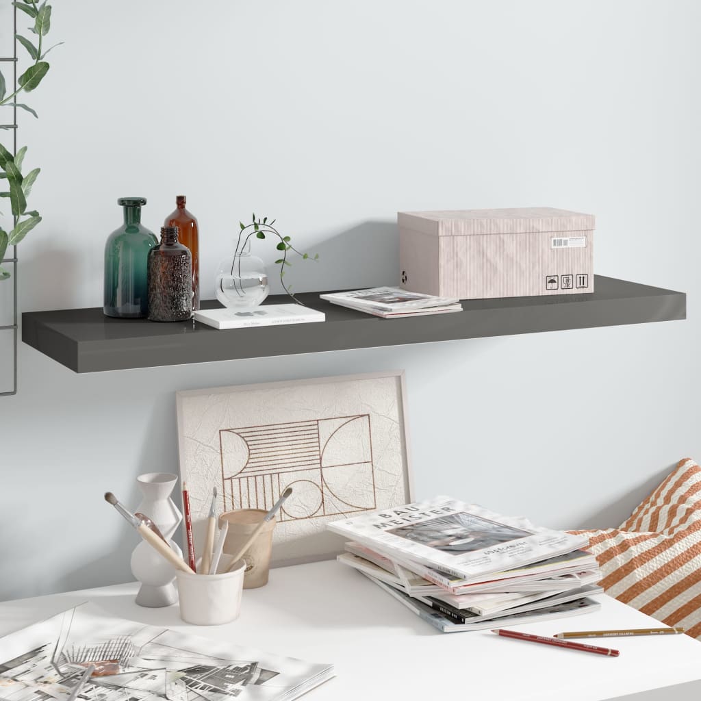 Floating Wall Shelf High Gloss Grey 90x23.5x3.8 cm MDF - Casper Homes