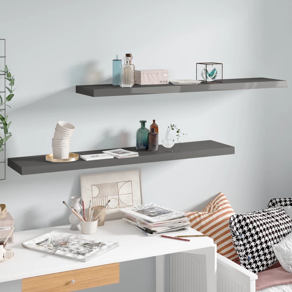Floating Wall Shelves 2 pcs High Gloss Grey 120x23.5x3.8 cm MDF - Sid & Sam