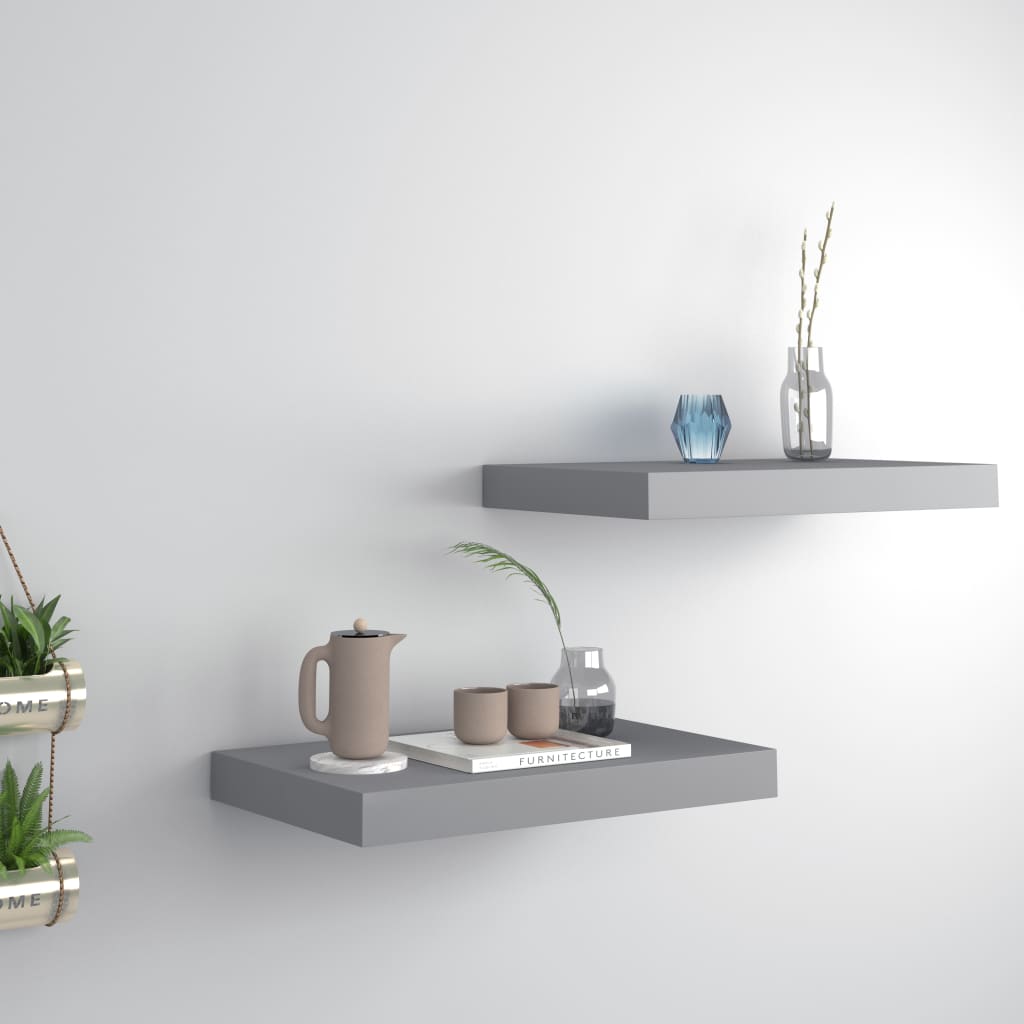 Floating Wall Shelves 2 pcs Grey 40x23x3.8 cm MDF - Decor Base
