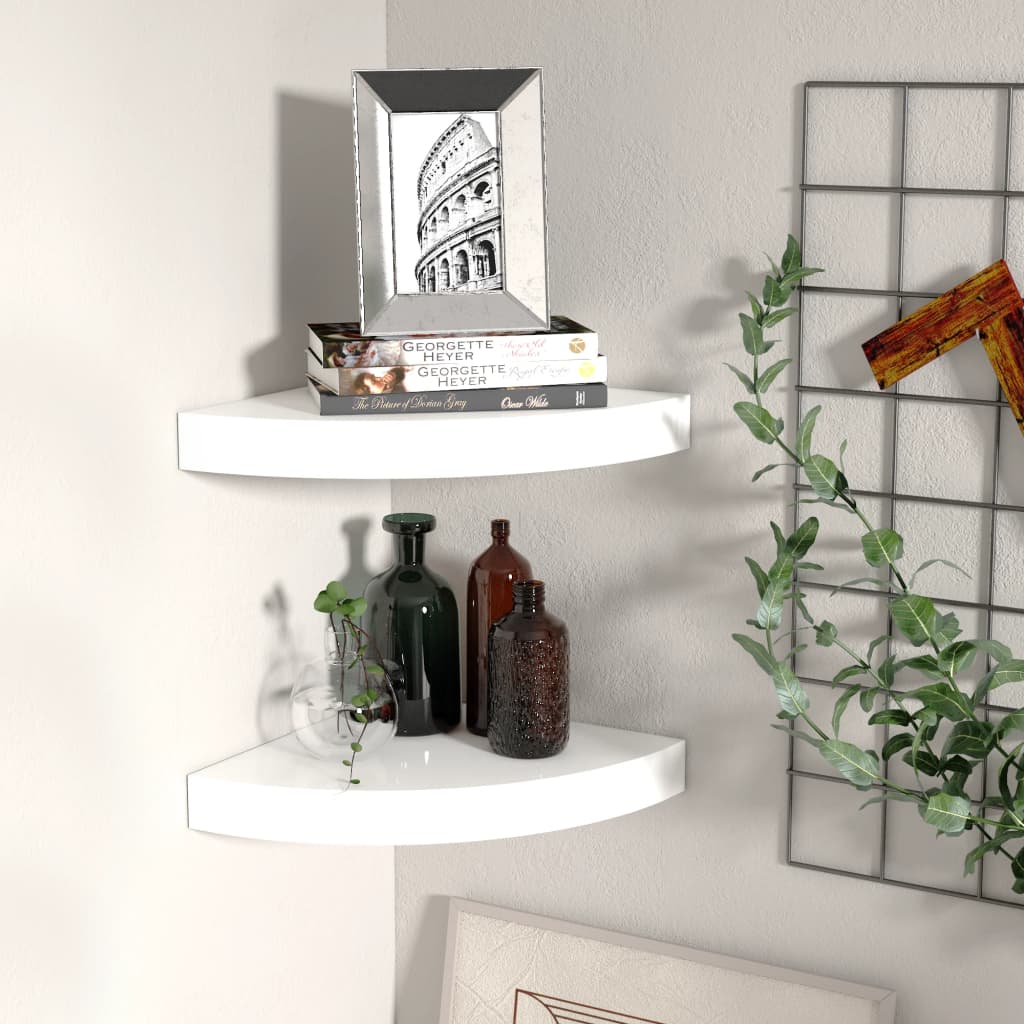 Floating Corner Shelves 2 pcs High Gloss White 25x25x3.8 cm MDF - Millennium Furniture