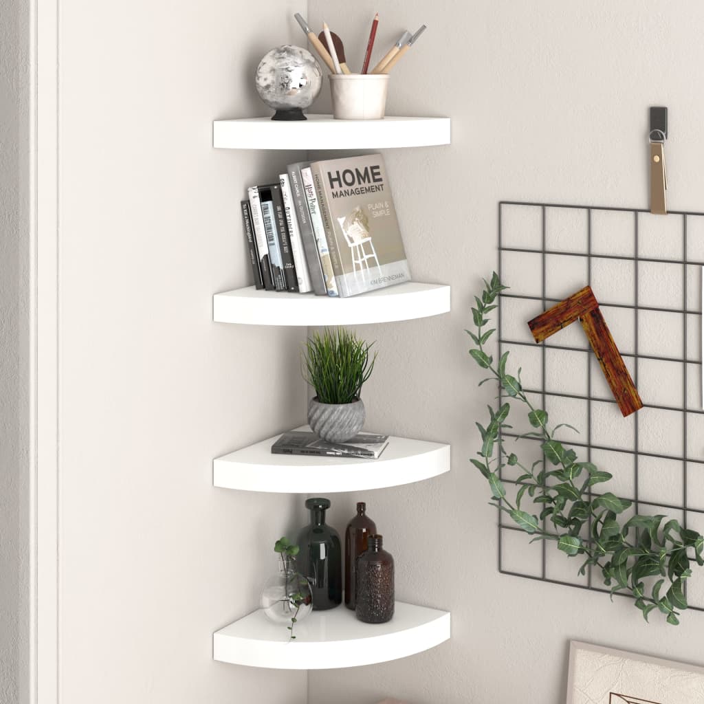 Floating Corner Shelves 4 pcs High Gloss White 25x25x3.8 cm MDF - Brittle & Co