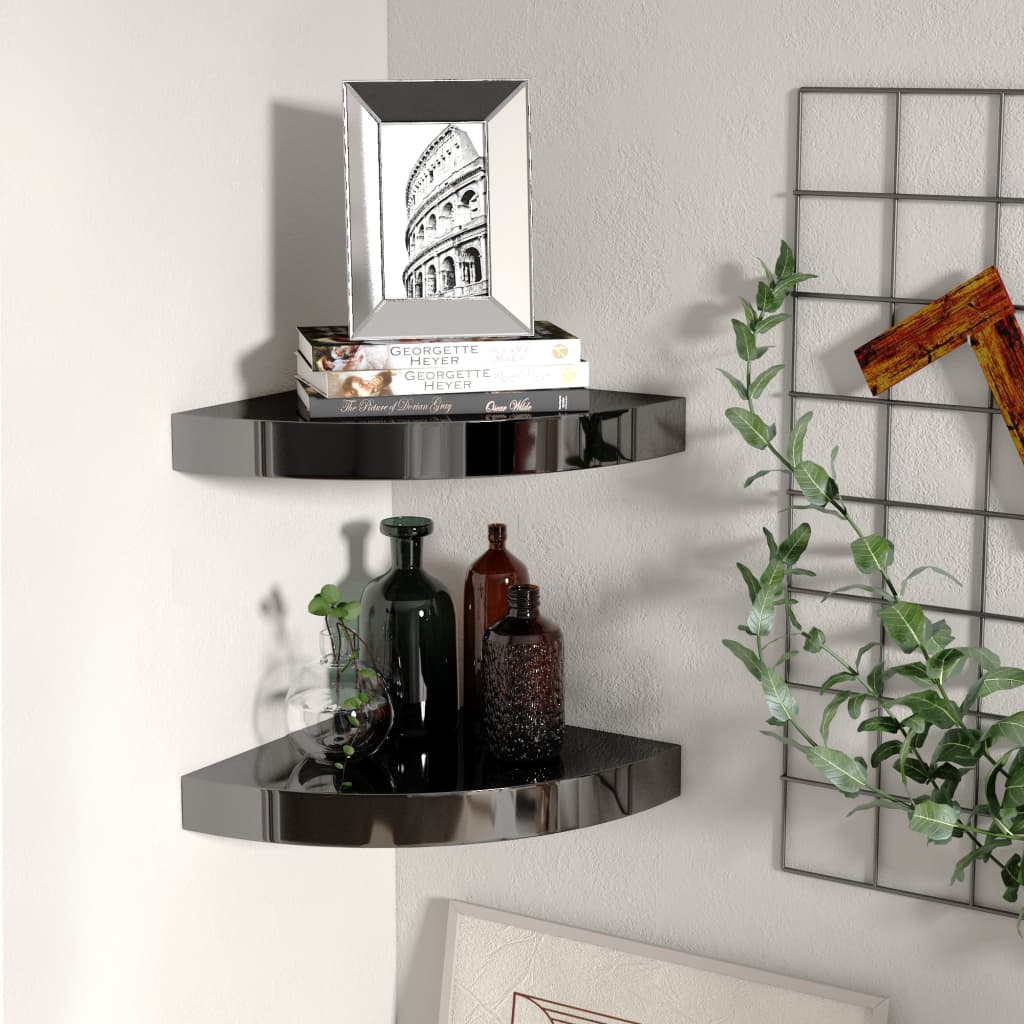 Floating Corner Shelves 2 pcs High Gloss Black 25x25x3.8 cm MDF - Casper Homes