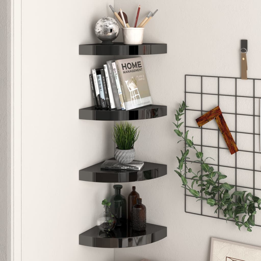 Floating Corner Shelves 4 pcs High Gloss Black 25x25x3.8 cm MDF - R and M Furniture